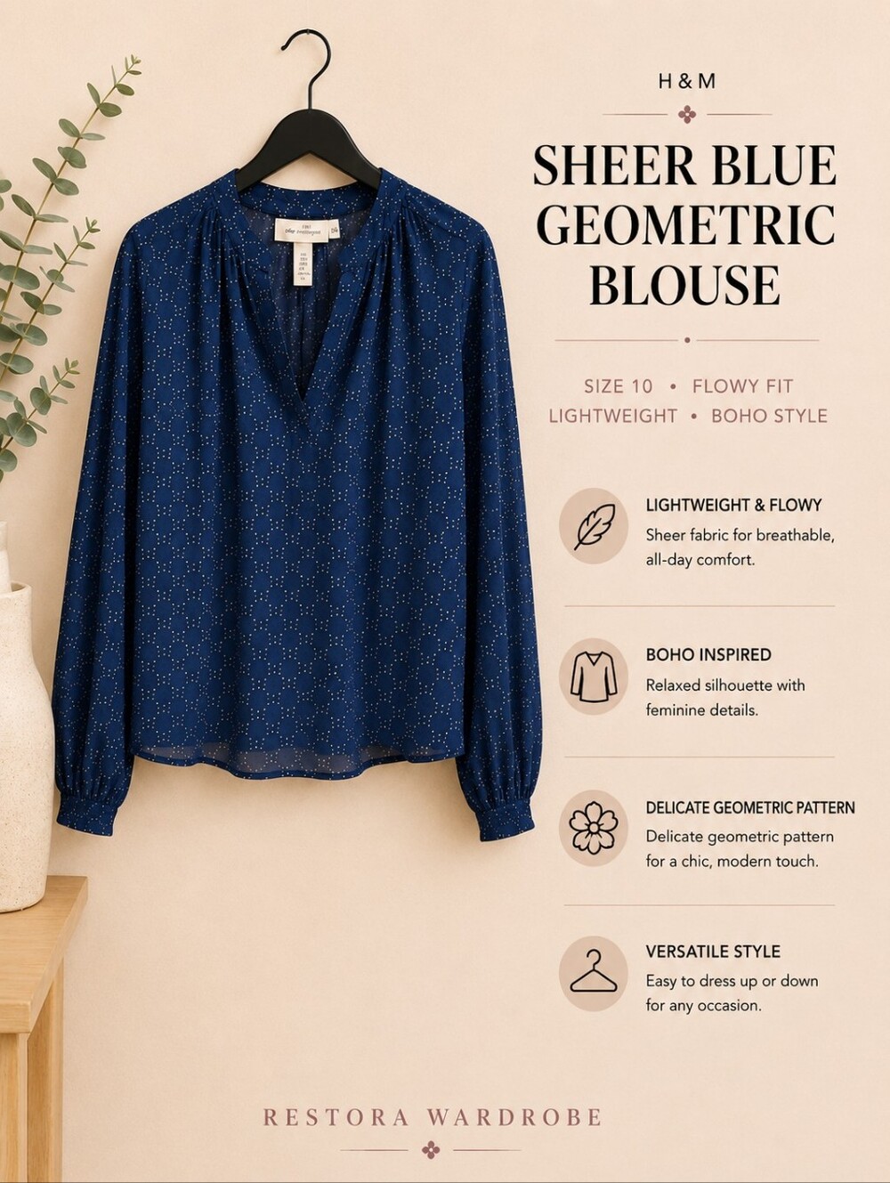 H&M Navy Blue Sheer Geometric Print Blouse Long Sleeve Size 10 NWT